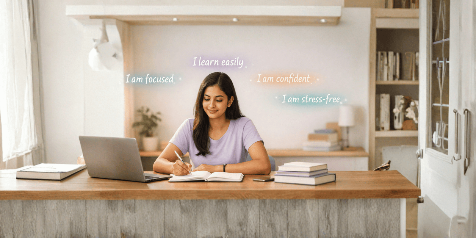 Student studying with positive affirmations for focus, confidence, and stress-free learning
